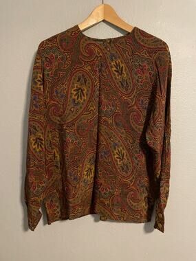 Vintage Womens Top Size 14 Brown Paisley Silk Long Sleeve Satin Boho 90s READ